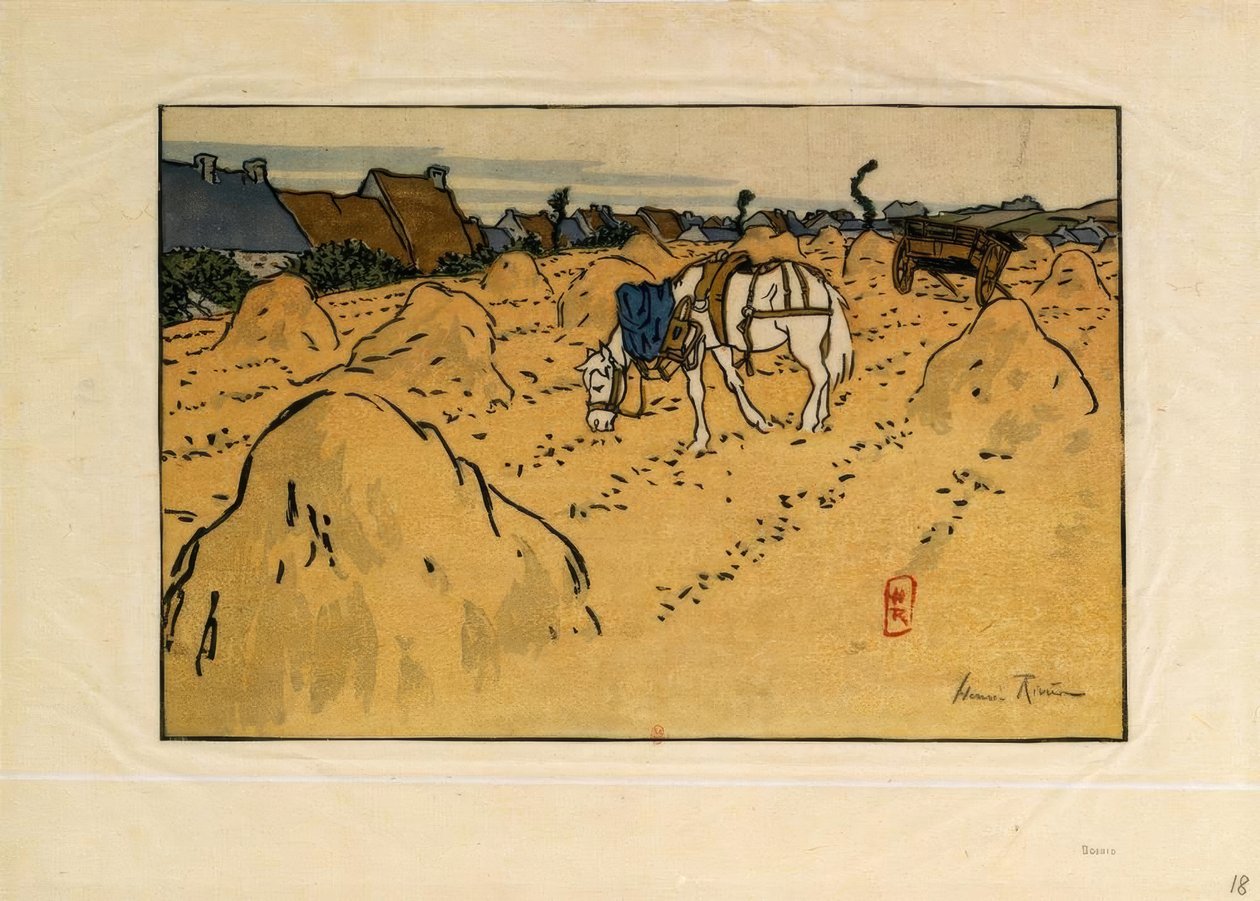 Hevonen ja La Chapellen kylä (Saint-Briac) tekijältä Henri Rivière