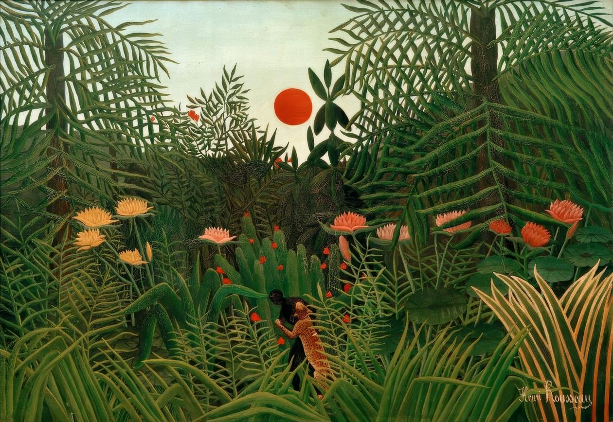 Neitsytmetsä auringonlaskun aikaan. Leopa hyökkäsi mustiin tekijältä Henri Rousseau