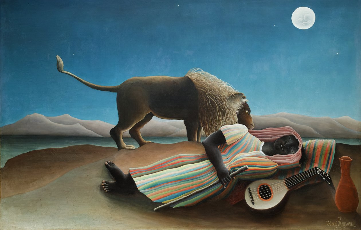 Ranskalainen:  Bohémienne endormie The Sleeping Gypsy (Nukkuva mustalainen) tekijältä Henri Rousseau