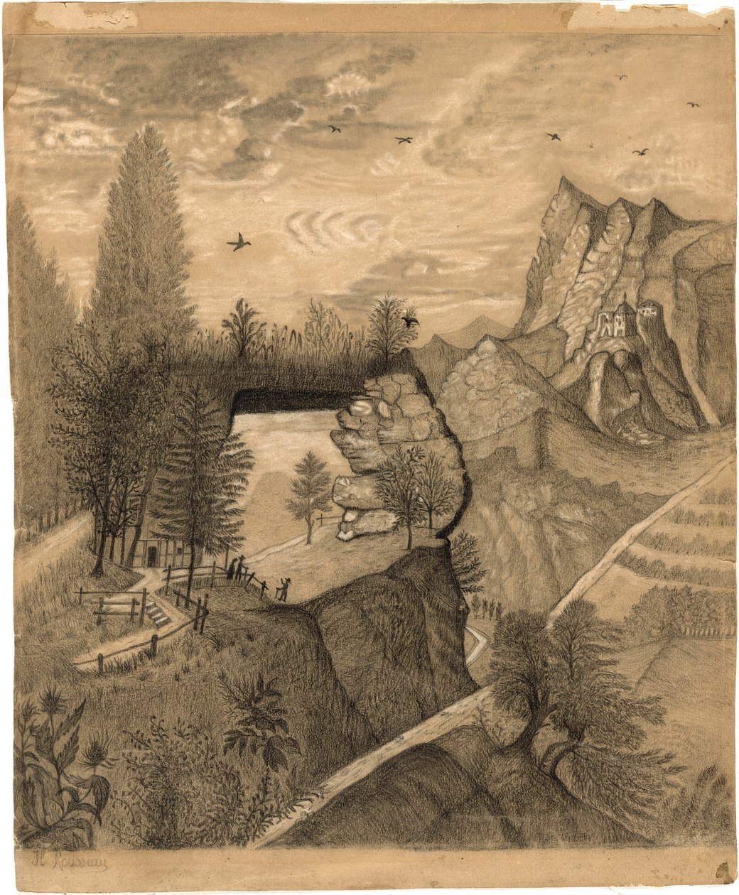 Vaeltajat kiipeämässä vuoristomökkiin tekijältä Henri Rousseau