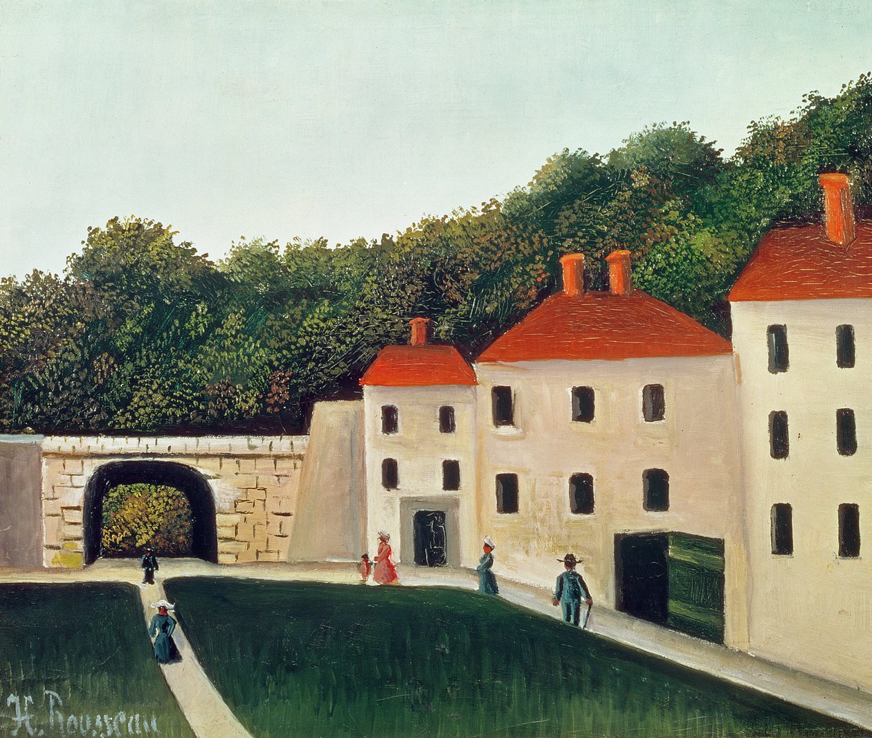 Maisema kaarella ja kolmella talolla, 1907 tekijältä Henri Rousseau