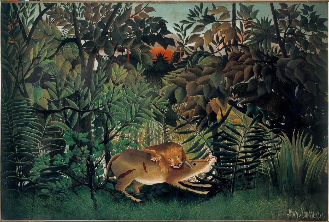 Nälkäinen leijona syöksyy antiloopin kimppuun... tekijältä Henri Rousseau