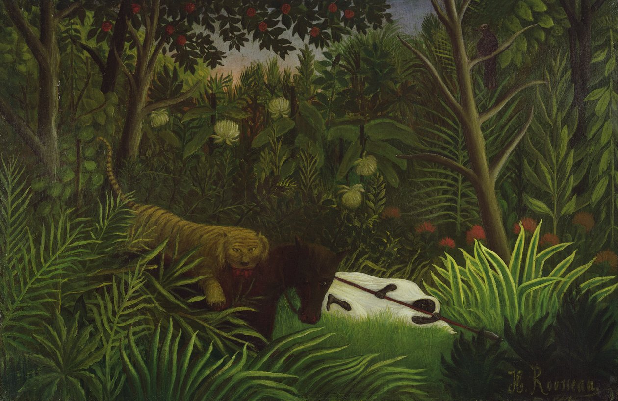 Tiikeri hyökkää hevosta ja nukkuvaa mustaa miestä vastaan tekijältä Henri Rousseau