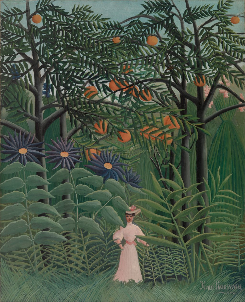 Nainen kävelee eksoottisessa metsässä tekijältä Henri Rousseau