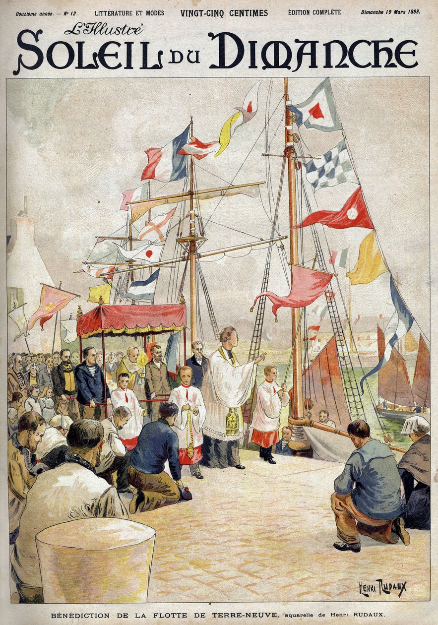 Henry Rudaux Newfoundlandin laivaston siunaus. Kaiverrus kirjassa "" The Sun-Sunday", 19. maaliskuuta tekijältä Henri Rudaux