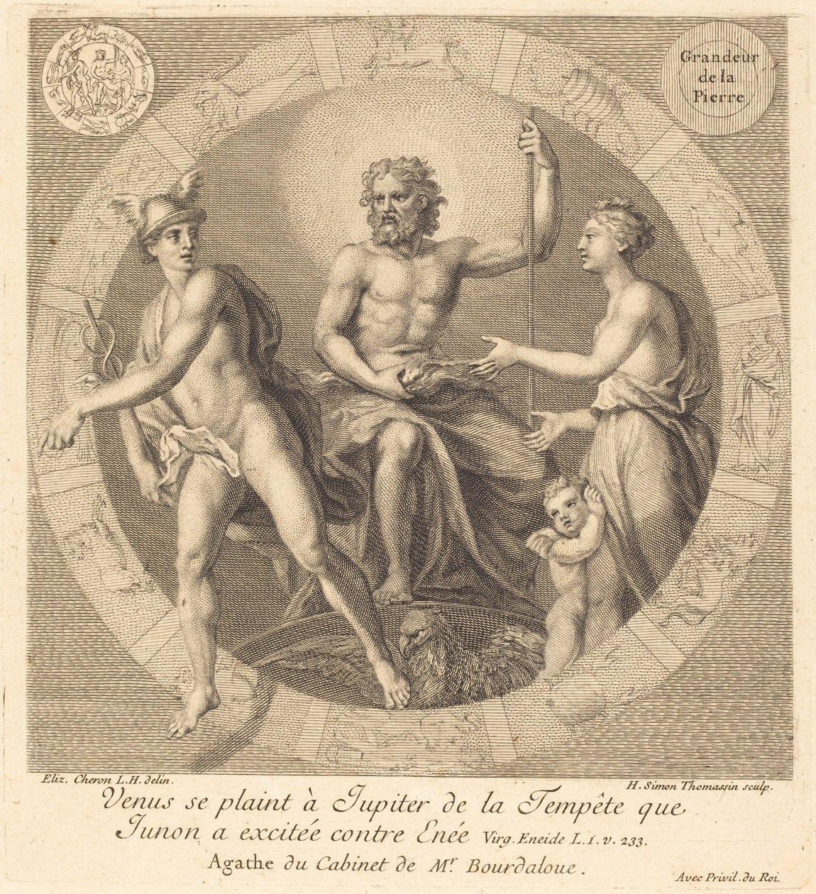 Venus valittaa Jupiterille myrskystä, jonka Juno aiheutti Aeneasta vastaan tekijältä Henri Simon Thomassin after Elisabeth Sophie Cheron