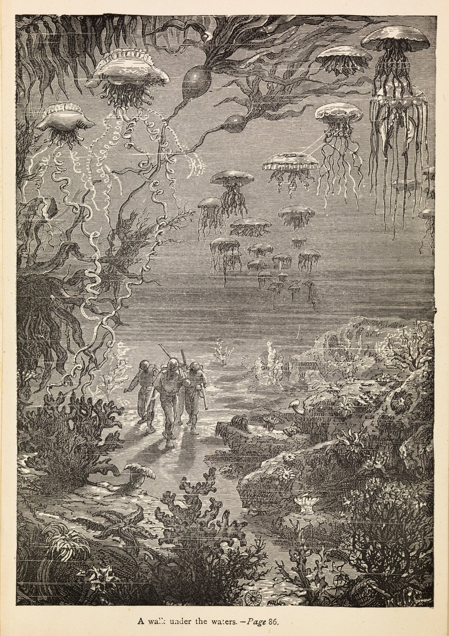 "Kävely veden alla" elokuvasta "20 000 merilegendaa meren alla", noin 1870 (kaiverrus). tekijältä Henri Theophile Hildibrand