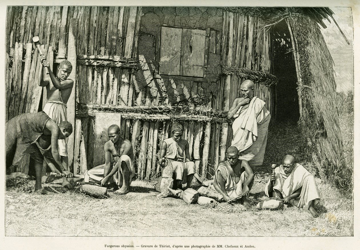 Abessiinisepät. Thiriatin kaiverrus valokuvan jälkeen havainnollistamaan tarinaa Voyage au Choa (Abyssinie meridionale) tekijältä Henri Thiriat