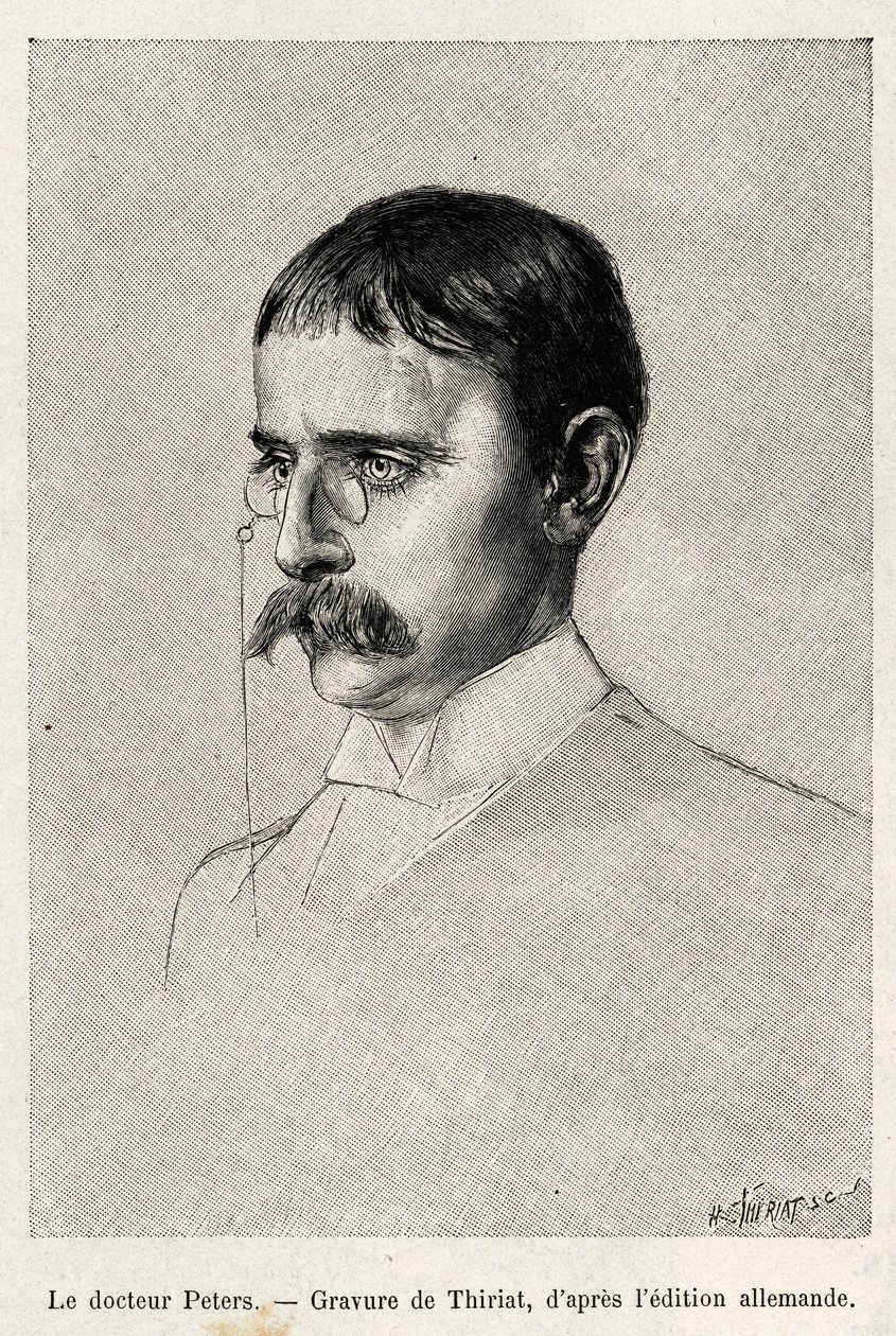 Tohtori Carl Petersin (1856-1918) saksalaisen tutkimusmatkailijan muotokuva. Thiriatin kaiverrus havainnollistamaan tohtori Petersin (1856-1918) tarinaa "Au secours d