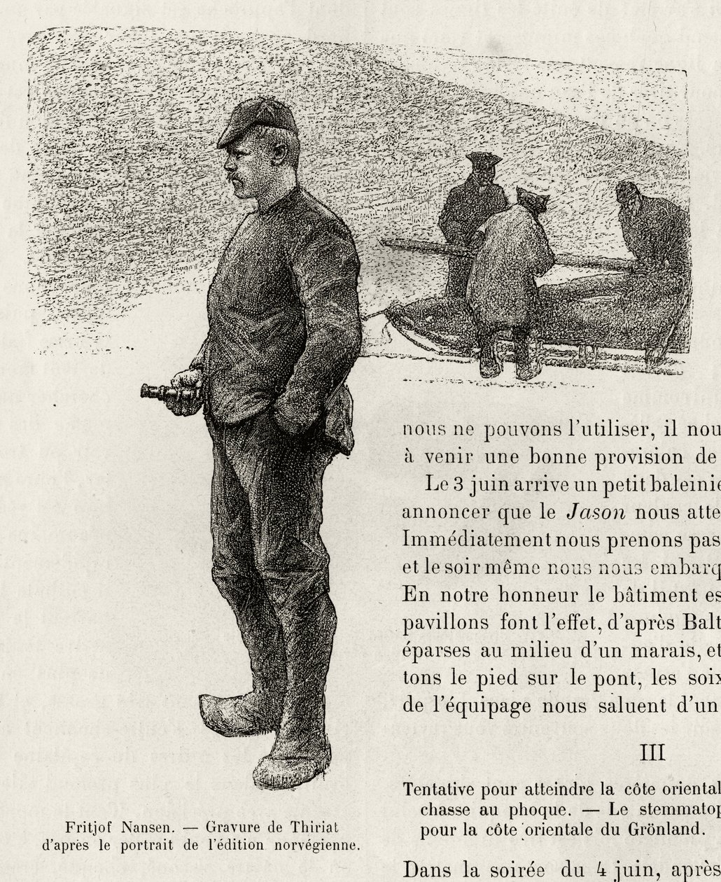 Norjalaisen napatutkijan Fridtjof Nansenin (1861-1930) muotokuva. Thiriatin kaiverrus havainnollistamaan Fridtjof Nansenin (1861-1930) tarinaa "" La premiere traversee du Greenland"" vuonna 1888 Le tour du mondessa, nouveau journal des voyages, toimittanut tekijältä Henri Thiriat