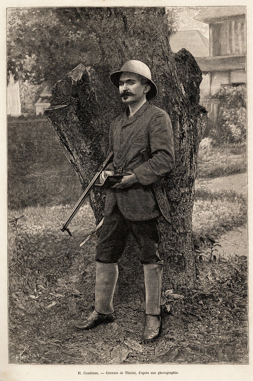 Muotokuva Henri Coudreausta (1859-1899), maantieteen professorista ja Amazonin tutkimusmatkailijasta (Brasilia). Thiriatin kaiverrus havainnollistamaan tarinaa "" intiaaniemme keskuudessa, neljä vuotta matkaa Ranskan Guyanassa" tekijältä Henri Thiriat