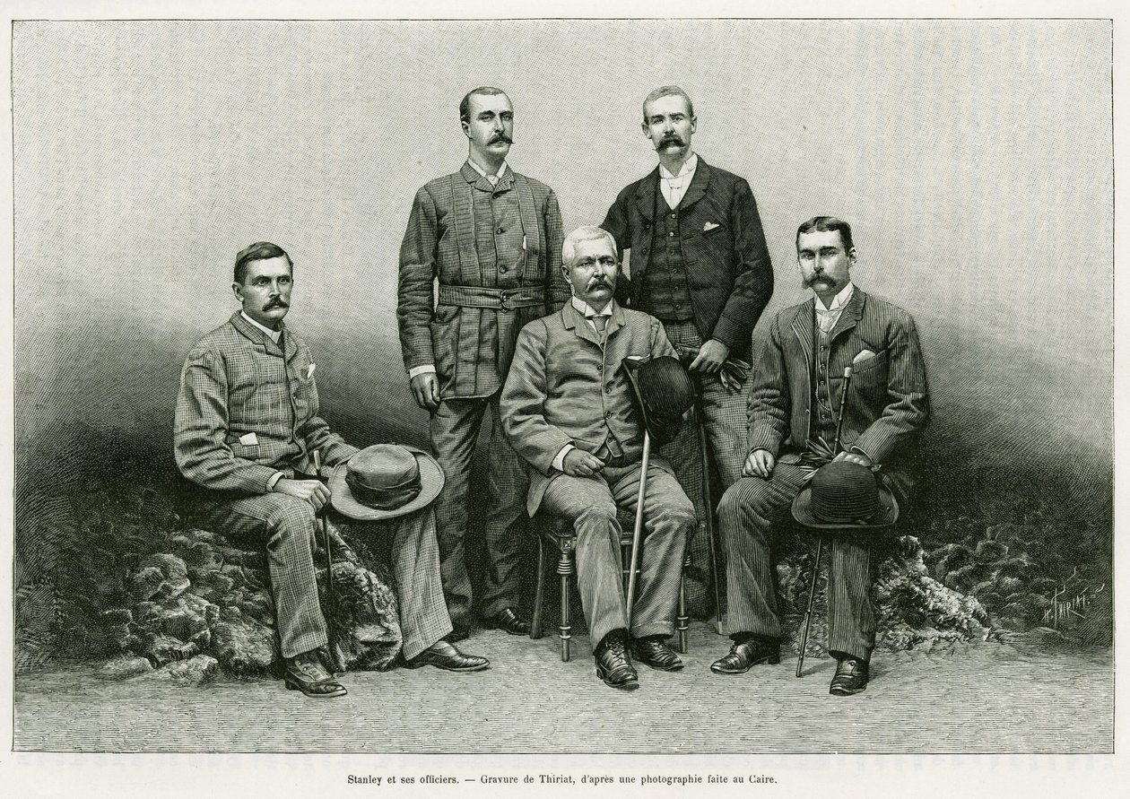Henry Morton Stanleyn (John Rowlands 1841-1904) muotokuva ympäröi hänen upseerinsa vasemmalta: tohtori Thomas Heazle Parke (1857-93), Robert H. Nelson, William G. Stairs ja Arthur J. M. Jephson. Thiriatin kaiverrus havainnollistamaan tarinaa Dans les teneb tekijältä Henri Thiriat