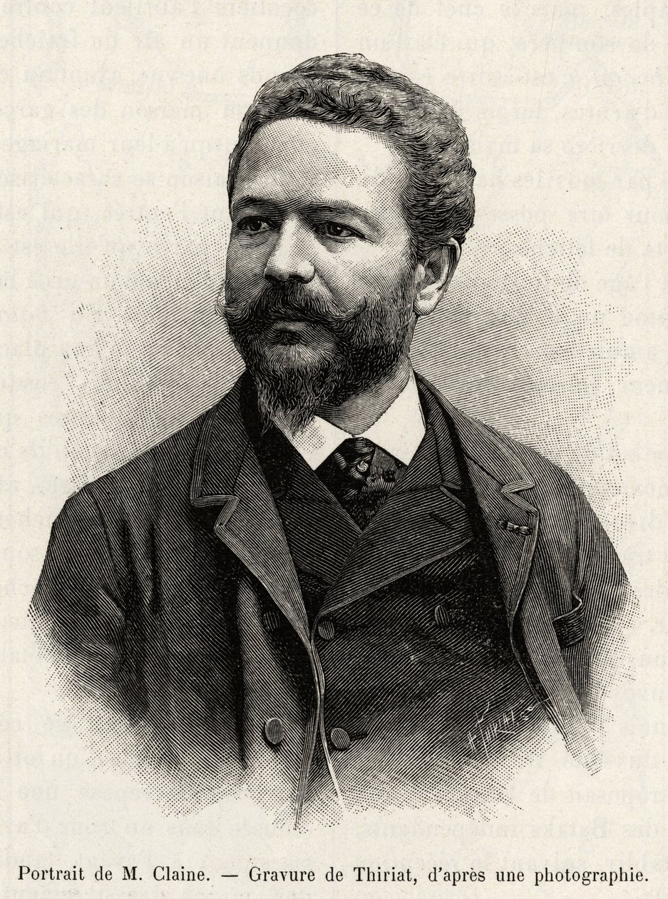 Muotokuva Jules Clainesta (1856-1939), tutkimusmatkailija ja diplomaatti, tarinan kirjoittaja. Thiriatin kaiverrus havainnollistamaan tarinaa "" yksi vuosi Malesiassa"", kirjoittanut Jules Claine (1856-1939) tekijältä Henri Thiriat