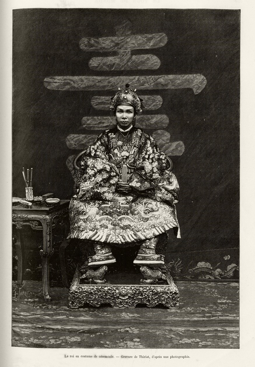 Kuningas Dong Khanhin (1864-1889) muotokuva Annamin keisarista seremoniapuvussa. Thiriatin kaiverrus havainnollistamaan tohtori Charles Edouard Hocquardin (1853-1911) tarinaa "" Trente mois au Tonkin"" vuonna 1885 Le tour du mondessa, nouveau journal des v tekijältä Henri Thiriat