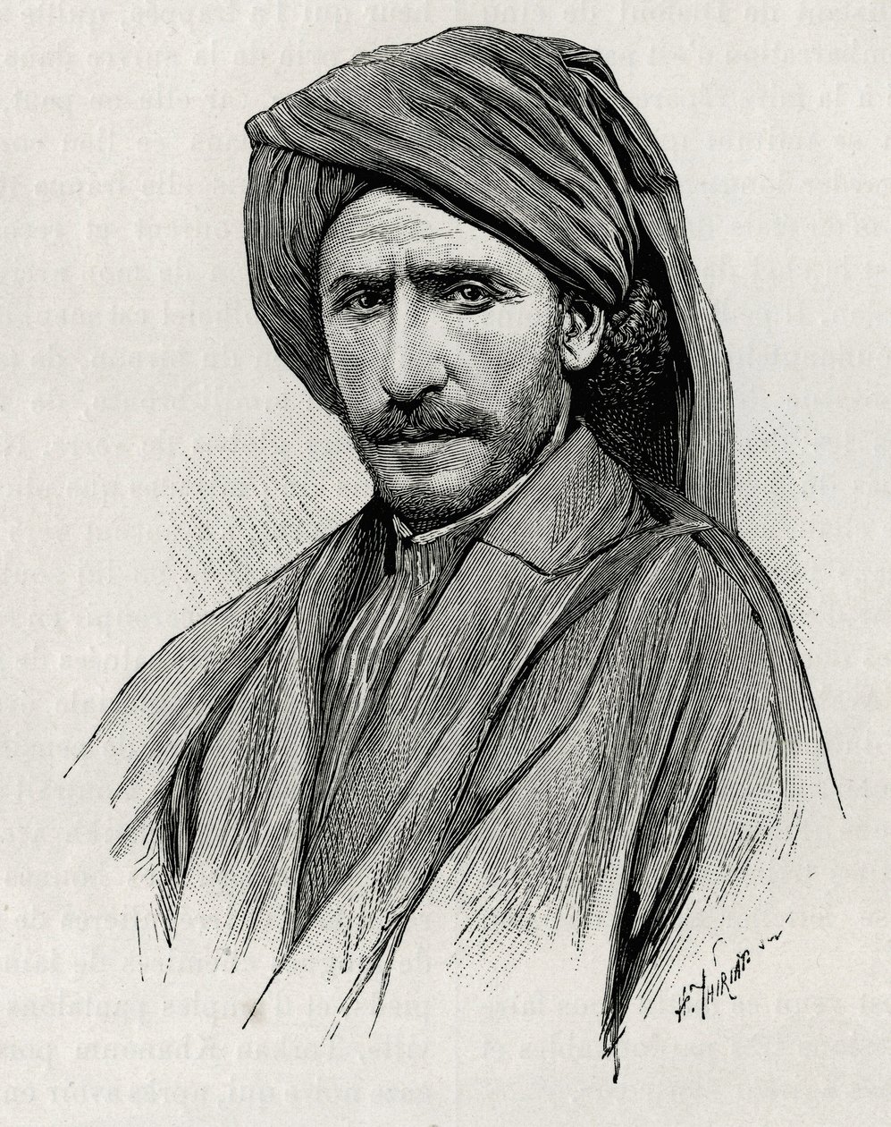 Muotokuva sheikki Mooseksesta, Arabistanin (tai Arabian niemimaan) voimakkaimmasta heimojohtajasta. Thiriatin kaiverrus havainnollistamaan tarinaa "" Persia, Kaldea ja Susiane"" tekijältä Henri Thiriat