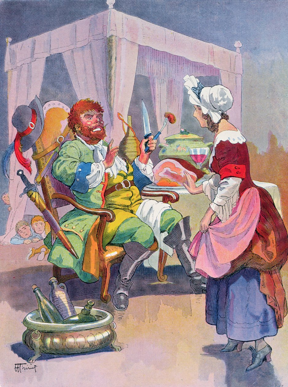 Ogre tuoksuu tuoreelta ihmislihalta, kuva Perraultin satulle "Tom Thumb" ("Le Petit Poucet"), 1900-luvun alku (värilitho) tekijältä Henri Thiriet
