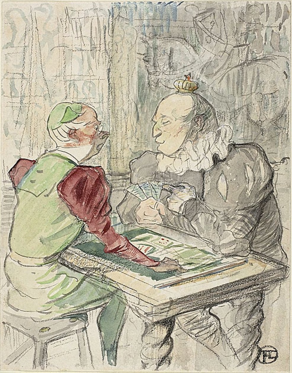 Kuninkaan korttipeli, kopio, vuoden 1895 jälkeen (akvarelli ja värikynä paperille) tekijältä Henri de (after) Toulouse Lautrec