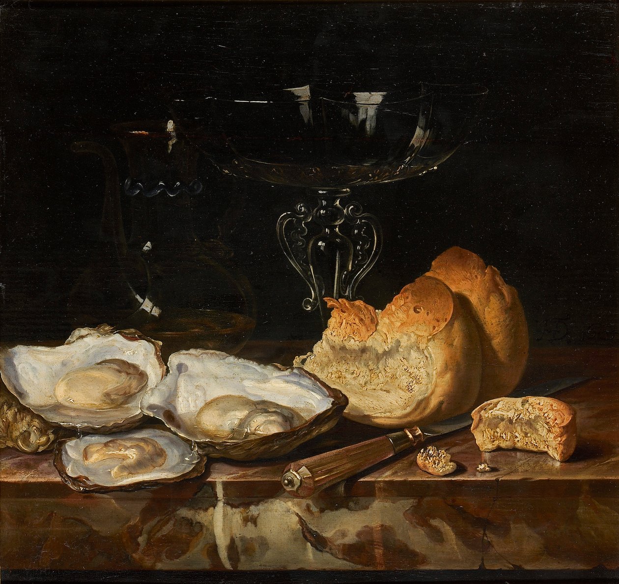 Asetelma ostereiden, leivän ja venetsialaisen viinilasin kera, 1661. tekijältä Henri de Fromantiou