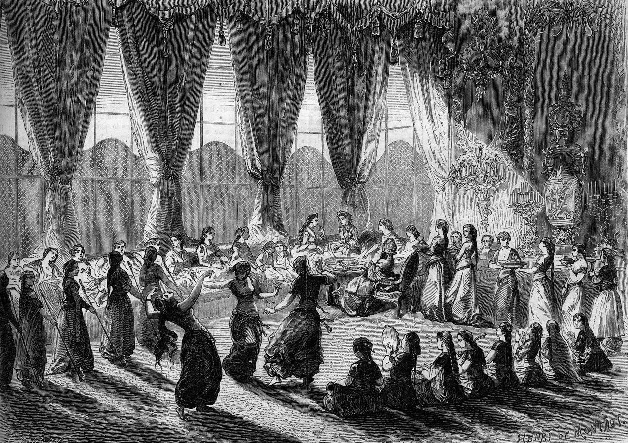 Egyptin varakuningatar vastaanotti eurooppalaisia naisia Kairon serailissa. Palvelijat tuovat astiat, kun taas muusikot ja tanssijat esittävät esityksen. 1800-luvulla. Henri de Montaut