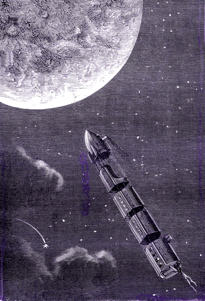Luotijuna (tai ammus), jonka jättiläinen tykki ampui Kuuhun, Jules Vernen "From the Earth to the Moon" tekijältä Henri de Montaut