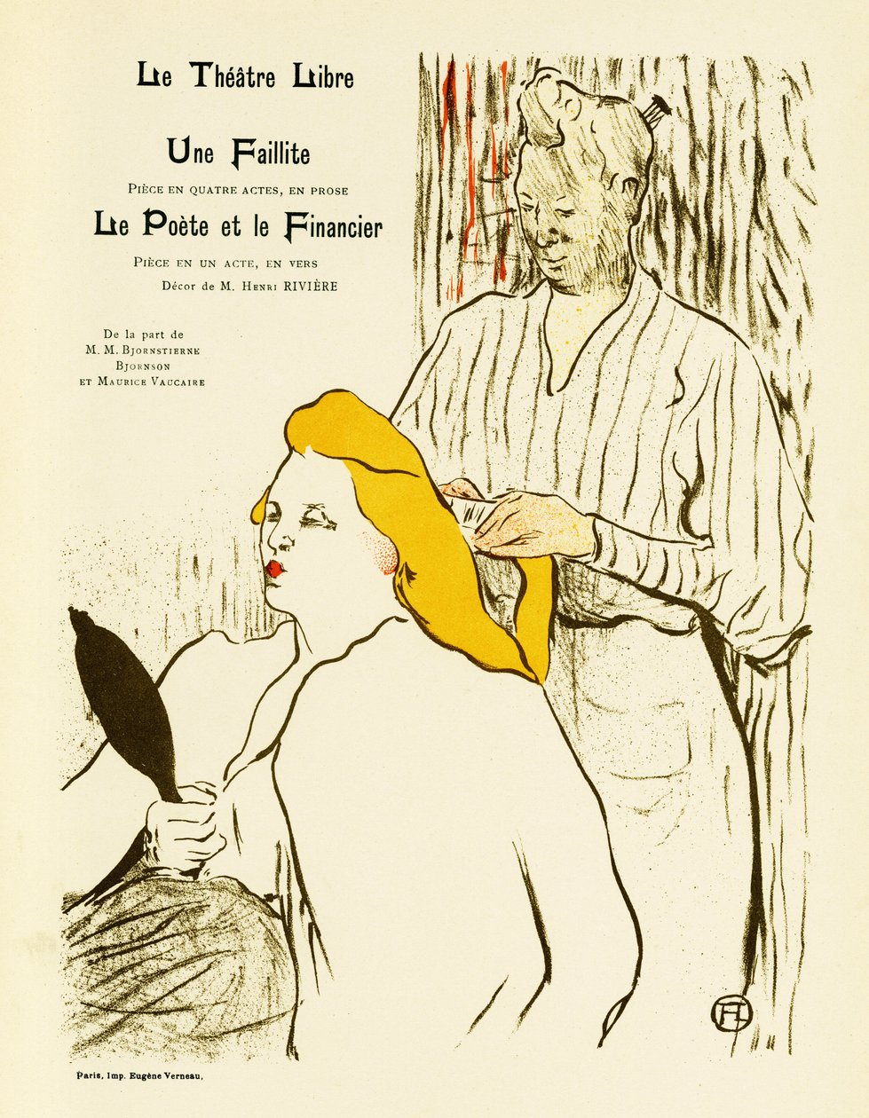 Blondi nainen katsoo itseään peilistä, kun hän muotoilee hiuksiaan. Juliste elokuvalle Une faillite et Le Poete et le Financier, teatteriesityksiä vuonna 1893 edustavassa Free Theatressa, jonka Andre Antoine (1858-1943) loi vuonna 1887, Illustration en lit tekijältä Henri de Toulouse Lautrec