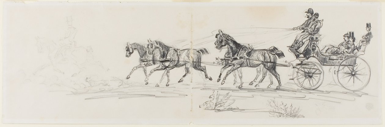 Hevoskärryt, joita edeltää yksi ratsastaja (recto); Mies ratsastushevosella peiton kanssa ja luonnoksia päistä, hevosista ja riemukaaresta (käänteinen) tekijältä Henri de Toulouse-Lautrec