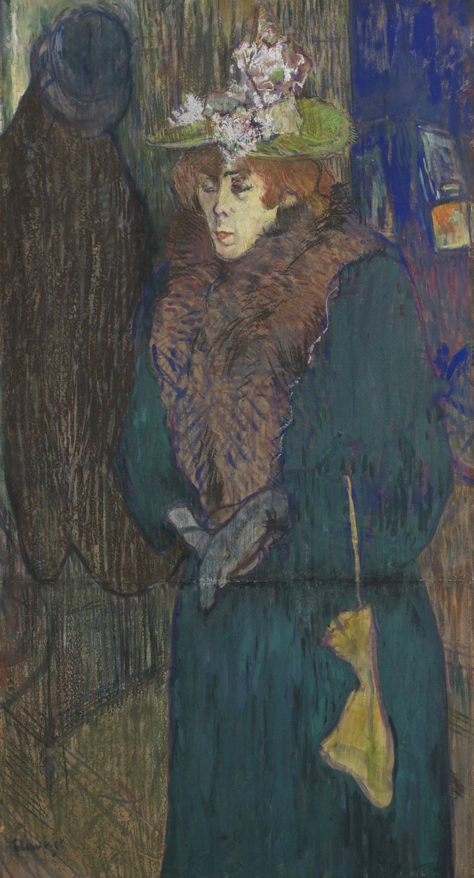 Jane Avril Moulin Rougen sisäänkäynnissä, n. 1892 (pastelli & guassi aluksella) tekijältä Henri de Toulouse Lautrec