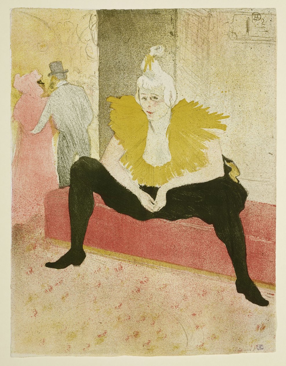 Istuva klovninainen Mademoiselle Cha-u-Kao (lehti 3 sarjasta "Elles") tekijältä Henri de Toulouse-Lautrec