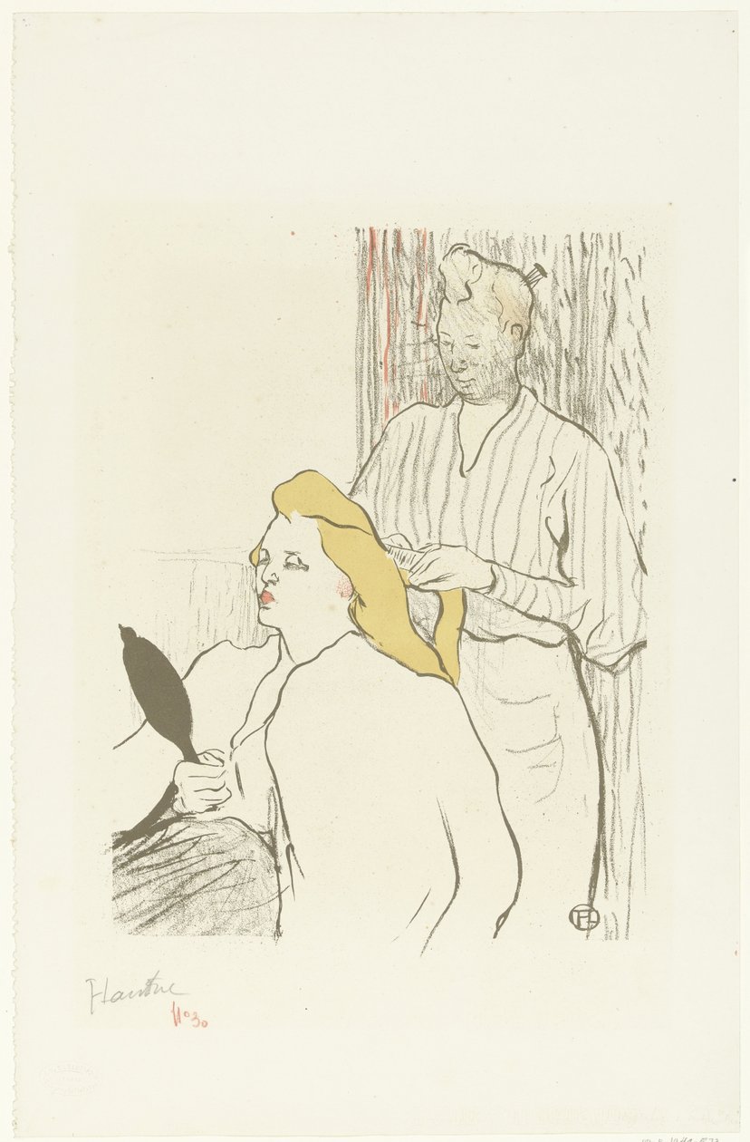 Kampaaja kampaa istuvan naisen hiuksia peili kädessään Coiffeur Program du Théâtre Libre tekijältä Henri de Toulouse Lautrec (signed by artist)
