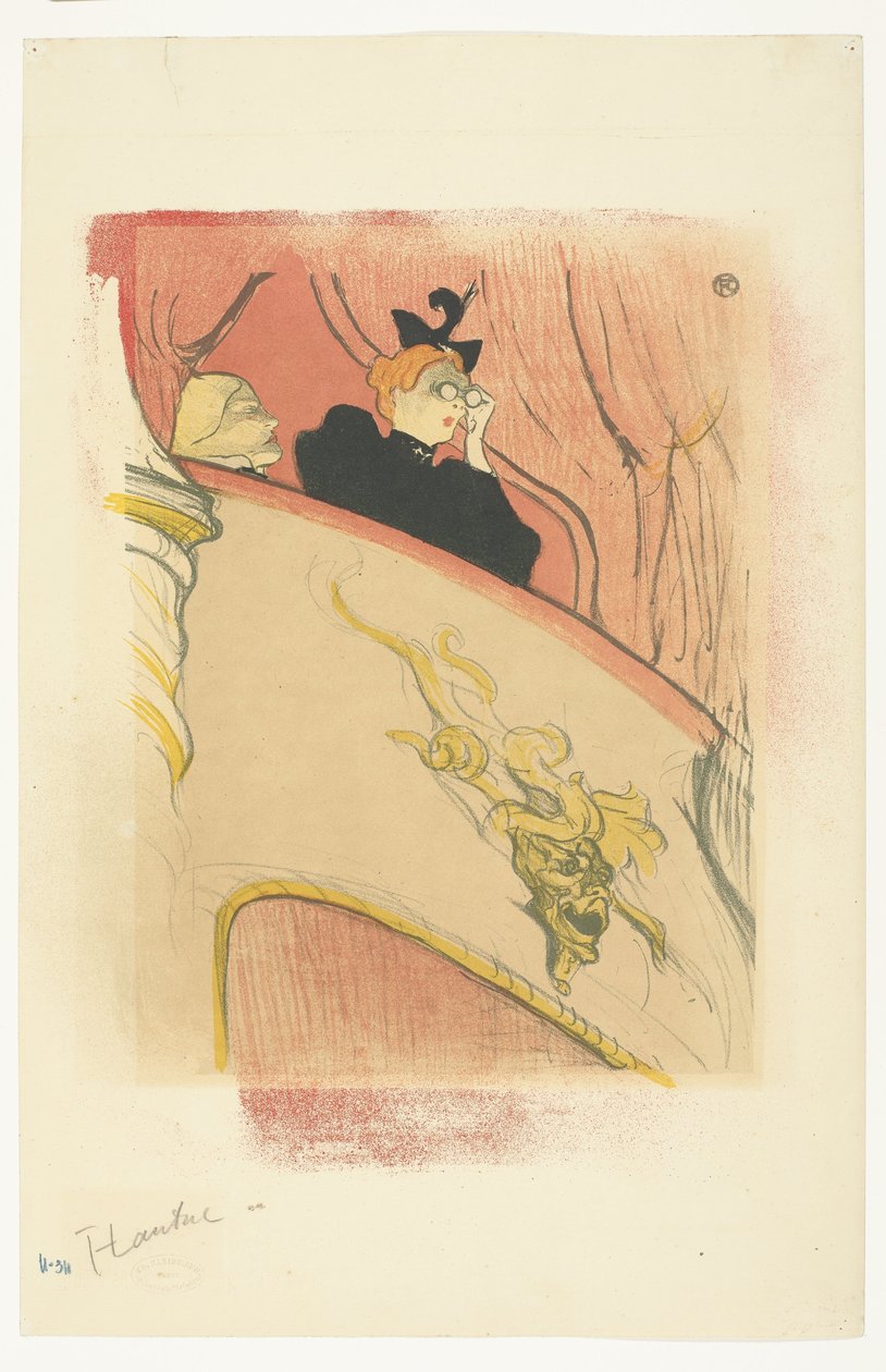 "La Loge au Mascaron doré" (Laatikko kullatulla naamiolla) Nainen oopperalasit parvekkeella teatterissa La Loge au mascaron doré tekijältä Henri de Toulouse Lautrec (signed by artist)