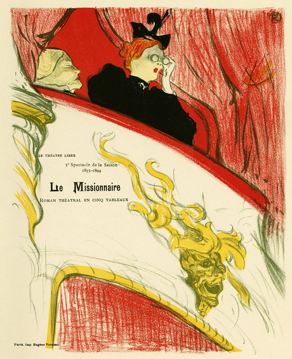 Nainen teatterin pukuhuoneessa käyttäen kiikareita. Poster for the Missionary, näytelmä Marcel Luguet, edustettuna vuonna 1893 Free Theatressa, jonka Andre Antoine (1858-1943) loi vuonna 1887, kuvitus ja litografia Henri de Toulouse Lautrec tekijältä Henri de Toulouse Lautrec