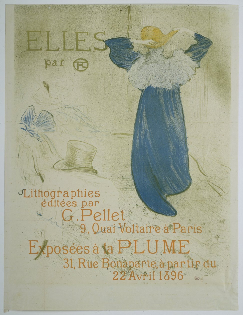 Juliste voor de expositie van de Serie Elles van Toulouse-Lautrec bij la Plume Toulouse-Lautrecin ne. Litografioita julkaissut G. Pellet 9, Quai Voltaire in Paris. Näyttelyssä osoitteessa La Plume 31, Rue Bonaparte, 22. huhtikuuta 1896 (esineessä oleva nim tekijältä Henri de Toulouse Lautrec