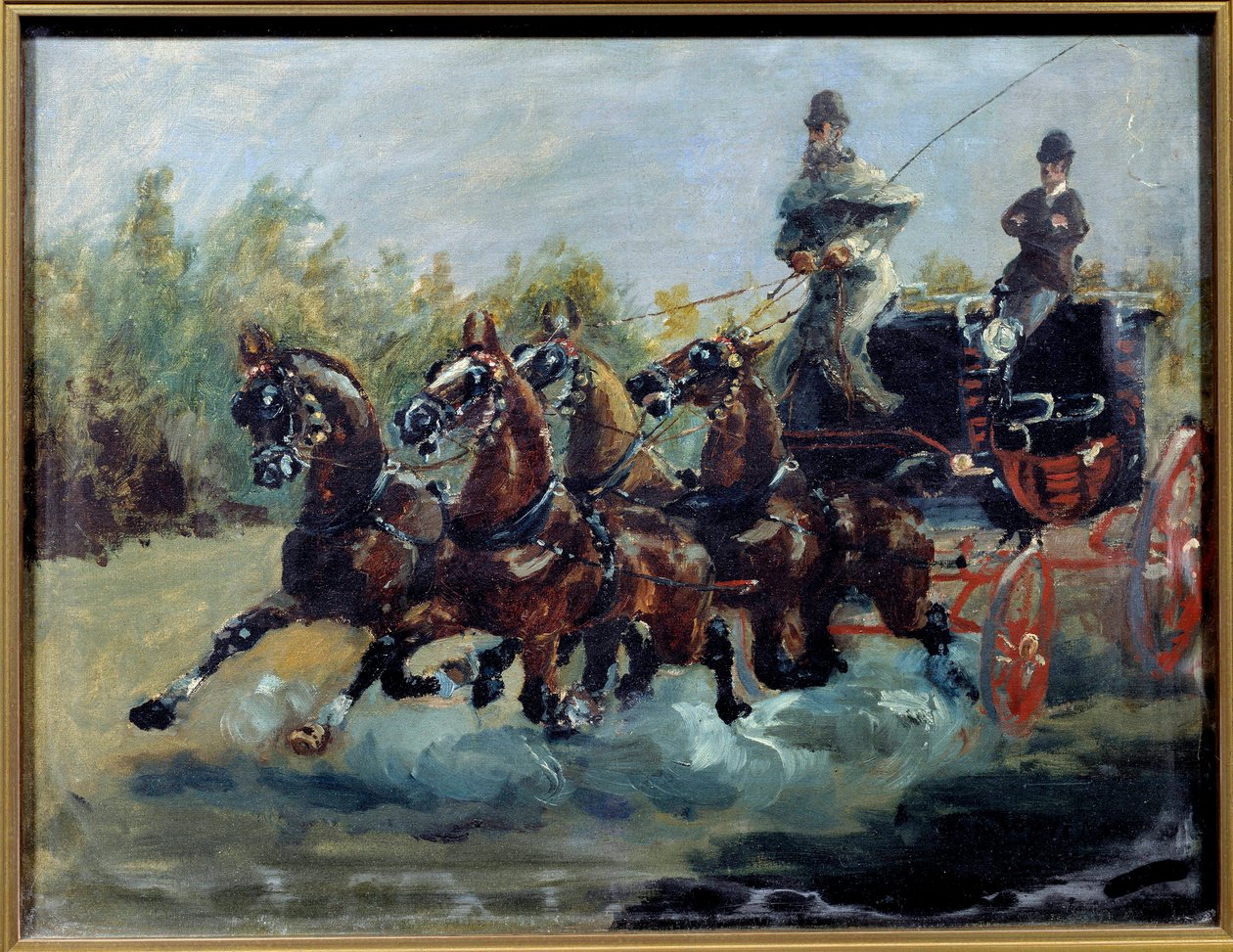 Alphonse Toulouse Lautrecista ajamassa sähköpostivalmentajaansa. Postivaunu on sedan, jossa on neljä hevosta, ja auton päällä on useita istuinrivejä). Henri de Toulouse Lautrecin maalaus tekijältä Henri de Toulouse Lautrec