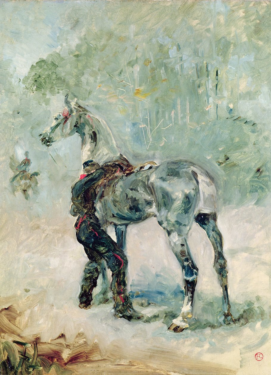 Tykistömies satuloi hevosta, 1879 tekijältä Henri de Toulouse Lautrec