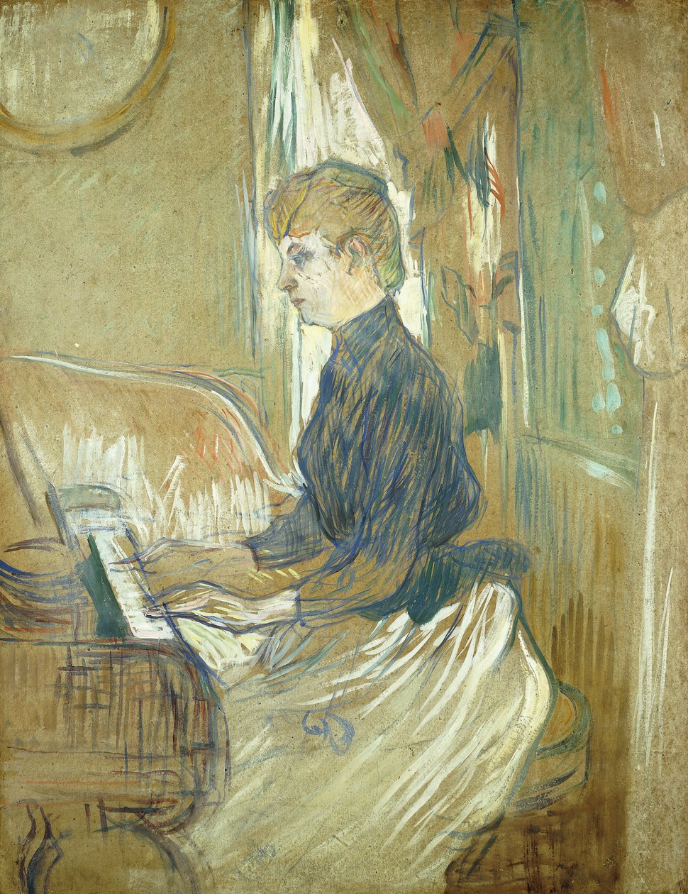 Pianon ääressä Madame Juliette Pascal Chateau de Malromen salissa; Pianon ääressä, rouva Juliette Pascal Chateau de Malromen salissa, 1896 tekijältä Henri de Toulouse Lautrec