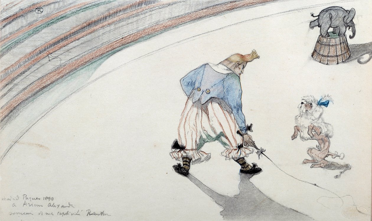 Sirkuskohtaus: kouluratsastus. Klovni tiedekoiran ja akrobaattisen norsun kanssa. Piirustus Henri de Toulouse Lautrec (1864-1901) 1800-luvun Albi, Musee de Toulouse Lautrec tekijältä Henri de Toulouse Lautrec