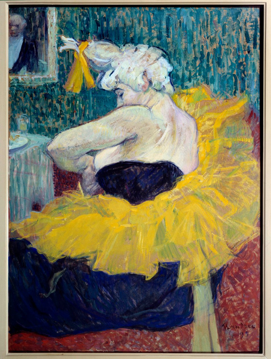 Klovness Cha-U-Kao, Moulin Rouge Dancerin taiteilija ja Nouveau Cirquen ja Moulin Rougen klovnessi, Cha U Kao kiinnittää tutunsa pukuhuoneeseensa tai yksityisellä vastaanotolla. Henri de Toulouse-Lautrecin (1864-1901) maalaus. 1895. Su. 0,58x0,43 m tekijältä Henri de Toulouse Lautrec