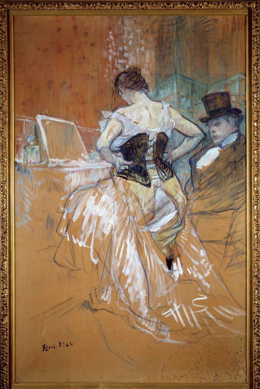 Conquete matkalla, nainen korsetissa Prostituee pukeutuu asiakkaansa eteen bordellissa. Pastelli ja piirustus Henri de Toulouse Lautrec (Toulouse-Lautrec tekijältä Henri de Toulouse Lautrec