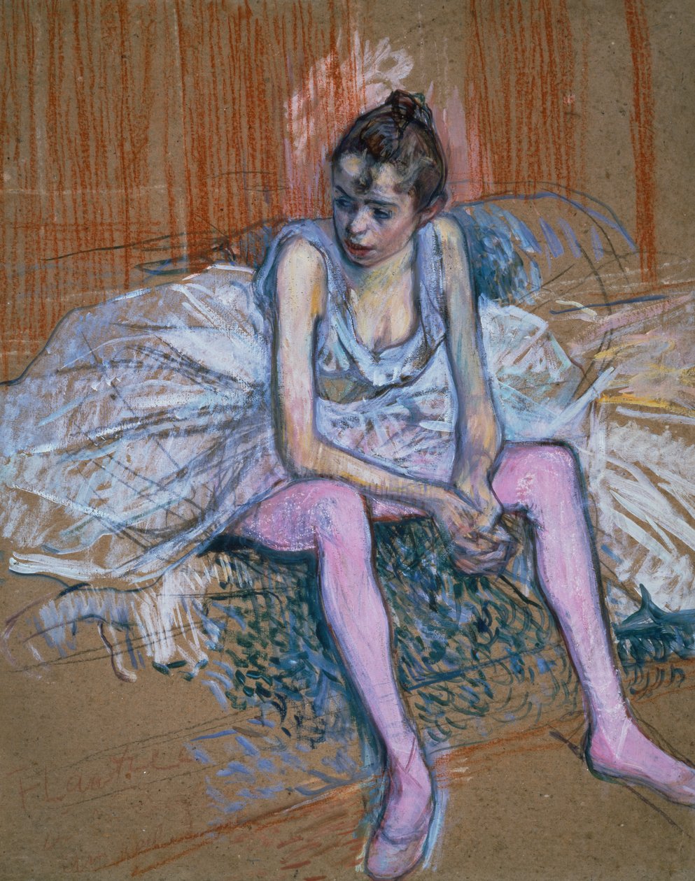 Tanssija vaaleanpunaisilla sukkahousuilla, 1890 (pastelli laivalla) tekijältä Henri de Toulouse Lautrec