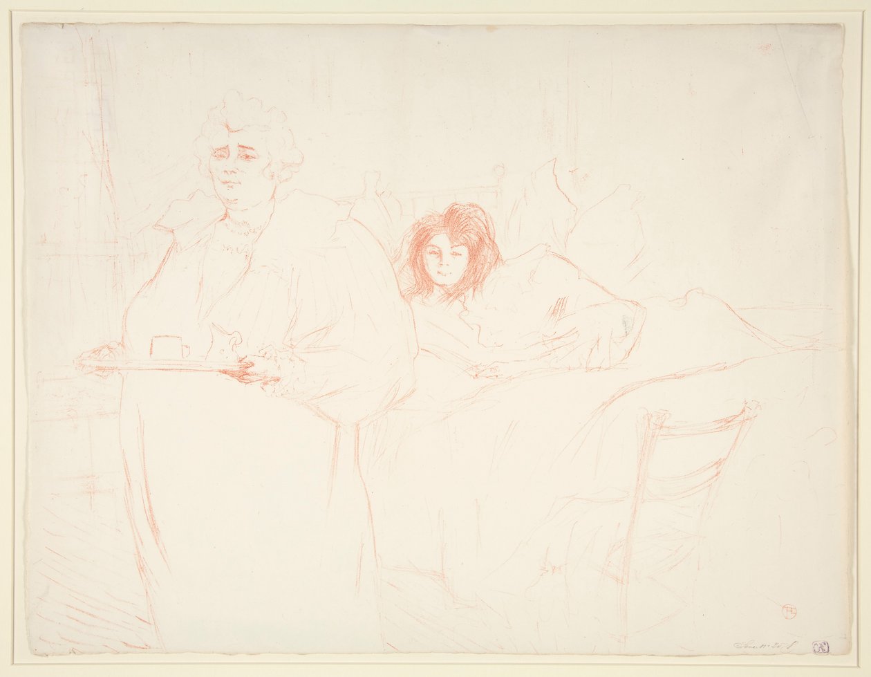 Nainen tarjottimen kanssa, Aamiainen, Madame Baron ja Mademoiselle Popo (Nainen tarjottimella, Aamiainen, Madame Baron ja Mademoiselle Popo), sarjasta Elles tekijältä Henri de Toulouse Lautrec