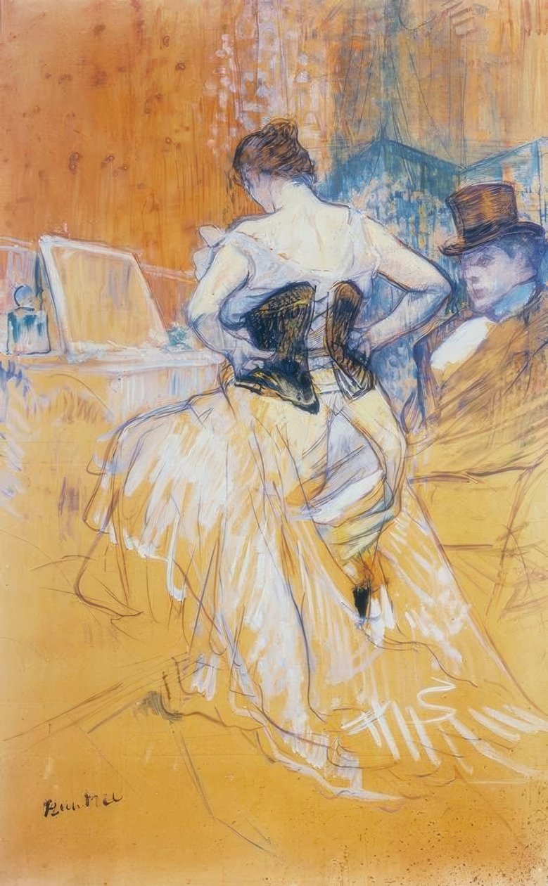 Nainen pukee korsetin päälleen, valloittaa käytävän tekijältä Henri de Toulouse Lautrec