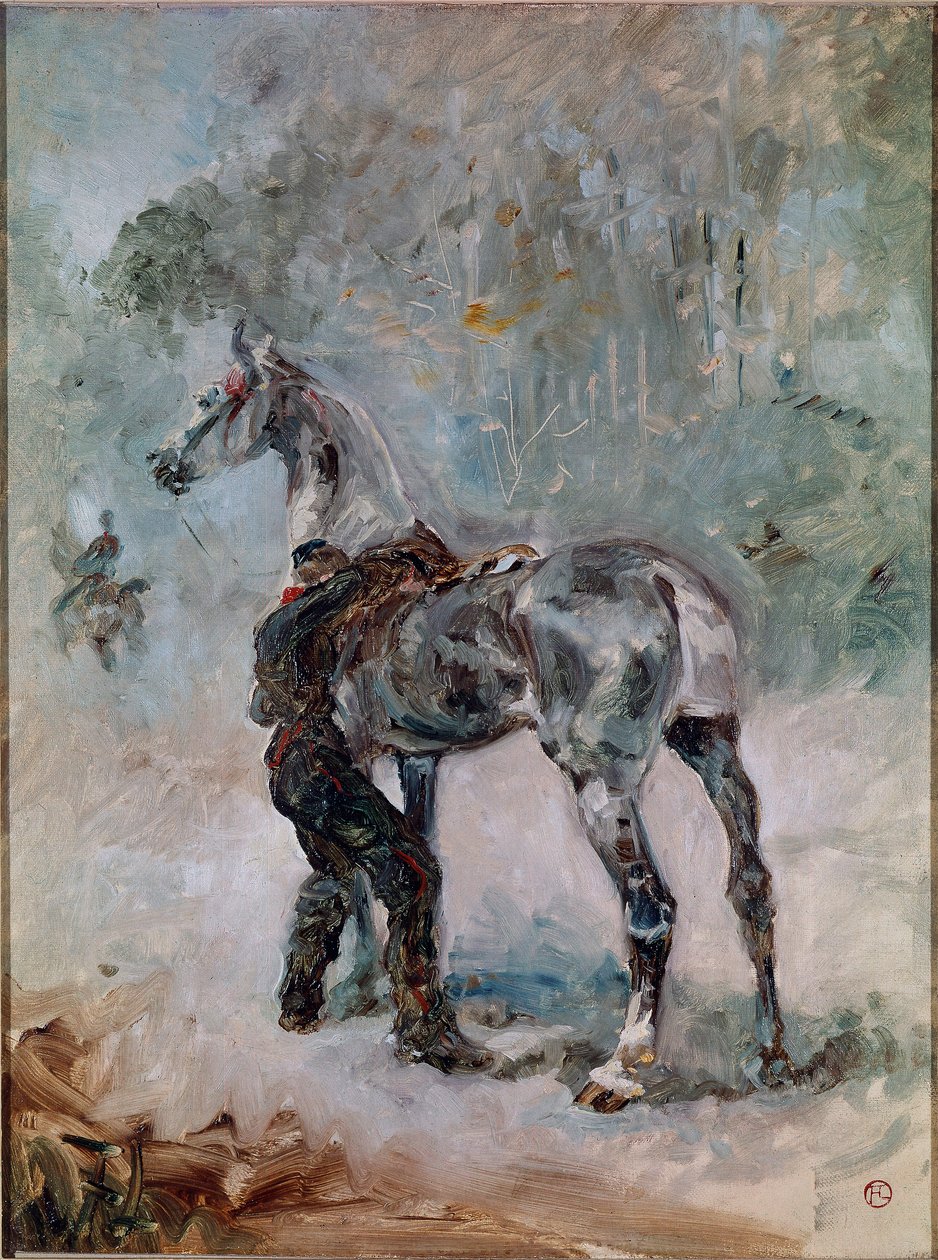 Gunner satuloi hevosta. Henri de Toulouse-Lautrecin (1864-1901) maalaus tekijältä Henri de Toulouse Lautrec