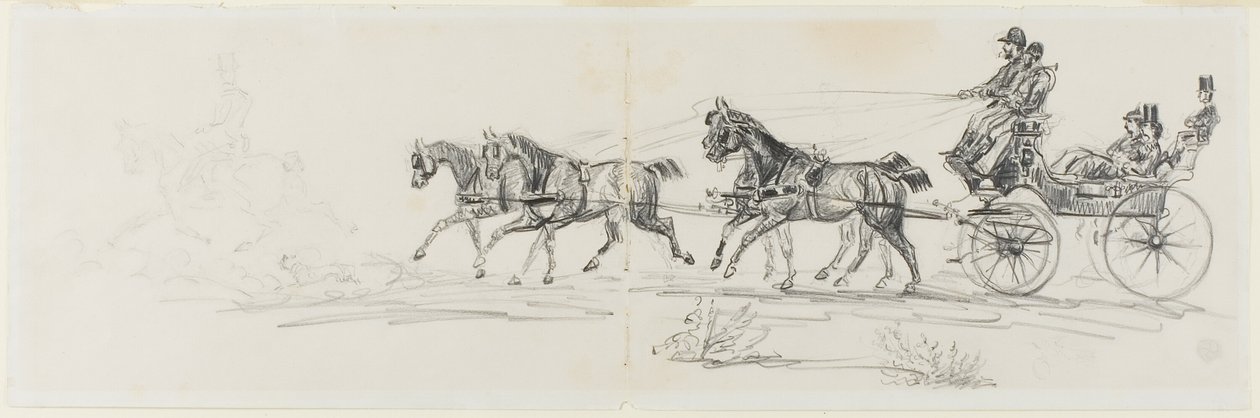 Hevoskärryt, joita edeltää yksi ratsastaja (recto); Mies ratsastushevosella peiton kanssa ja luonnoksia päistä, hevosista ja riemukaaresta (käänteinen) tekijältä Henri de Toulouse Lautrec