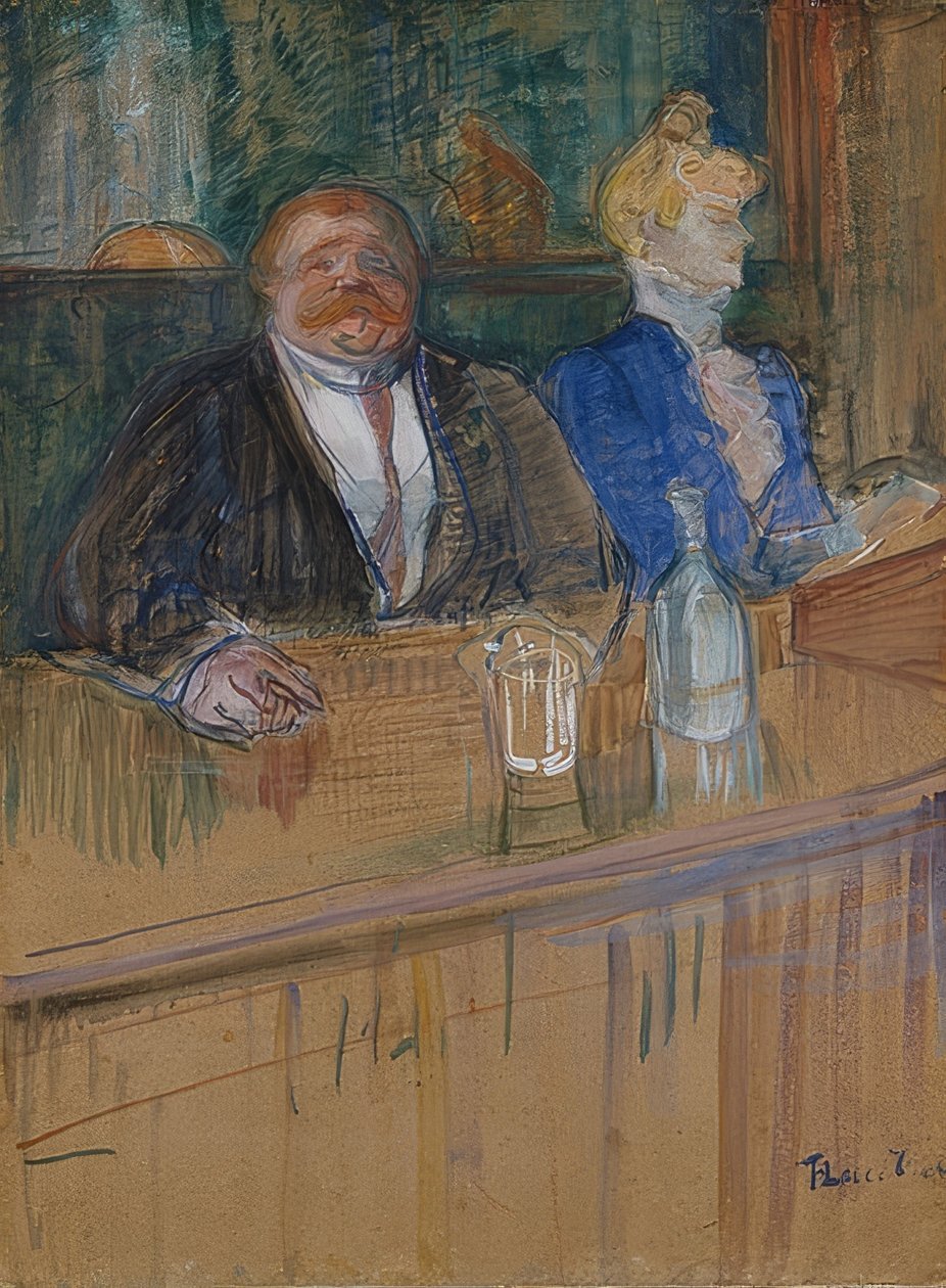 Kahvilassa. Pomo ja valkaistu kassa. (Au café: le patron et la caissière chlorotique). 1898 tekijältä Henri de Toulouse Lautrec