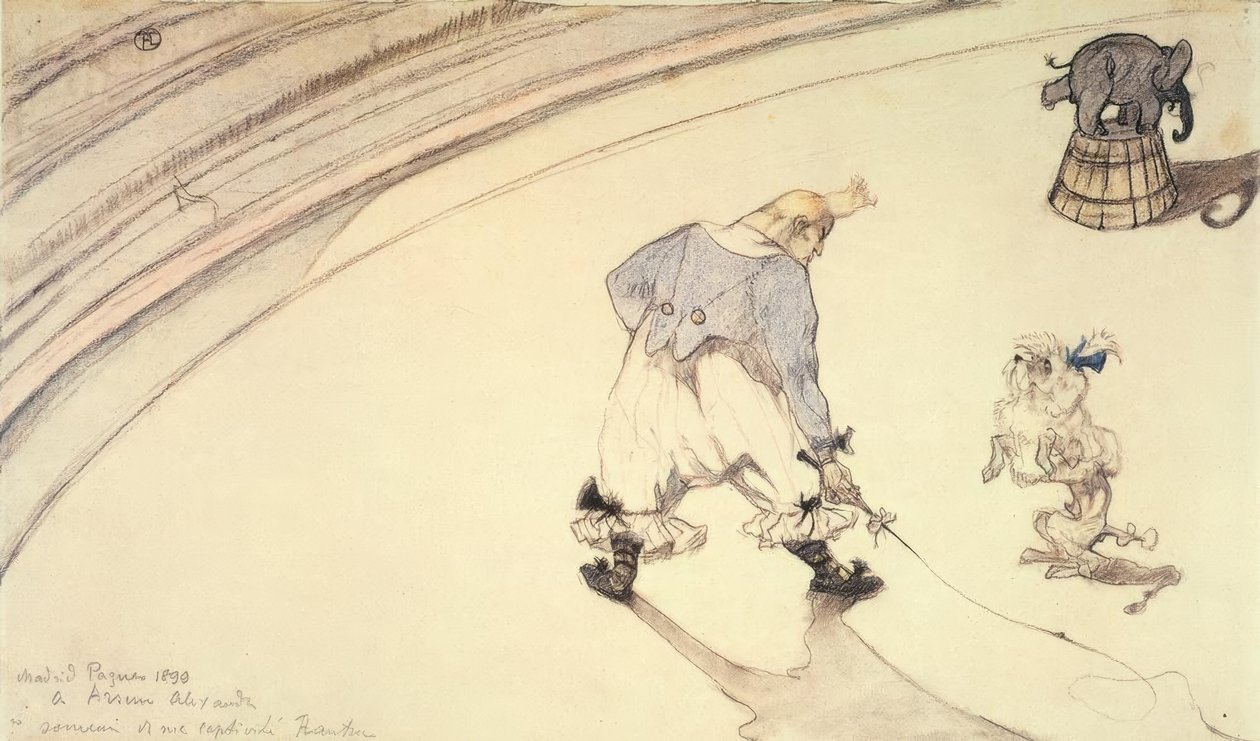 Sirkuksessa: Pelle Footit villakoiran ja norsun kanssa tekijältä Henri de Toulouse Lautrec