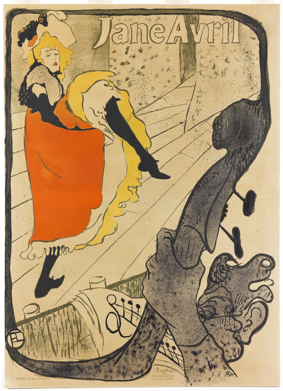 Jane Avril, 1893 (sivellin- ja roiskelitografia, painettu viidellä värillä paperille) tekijältä Henri de Toulouse Lautrec