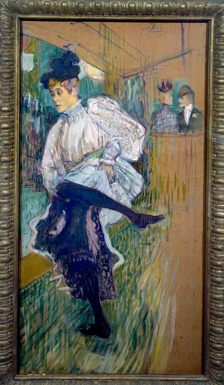Jane Avril tanssimassa Jane Avril (1868-1943) oli Moulin Rougen tanssija. Henri de Toulouse Lautrecin (1864-1901) maalaus 1891 Su. 0,85x0,45 m Pariisi, musee d