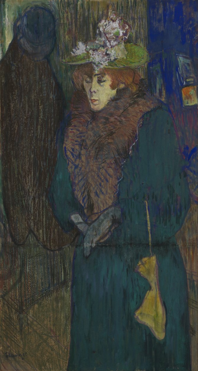 Jane Avril Moulin Rougen sisäänkäynnissä pukemassa käsineensä, n. 1892 tekijältä Henri de Toulouse Lautrec