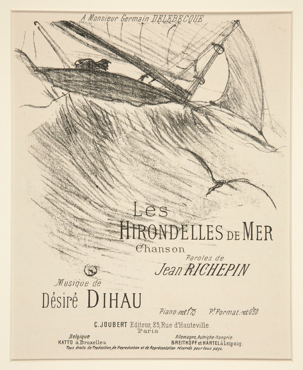 LES HIRONDELLES DE MER - Kansilehti painetulle musiikkisävellykselle (Richepinin runo Dihaun sävellyksellä) tekijältä Henri de Toulouse Lautrec