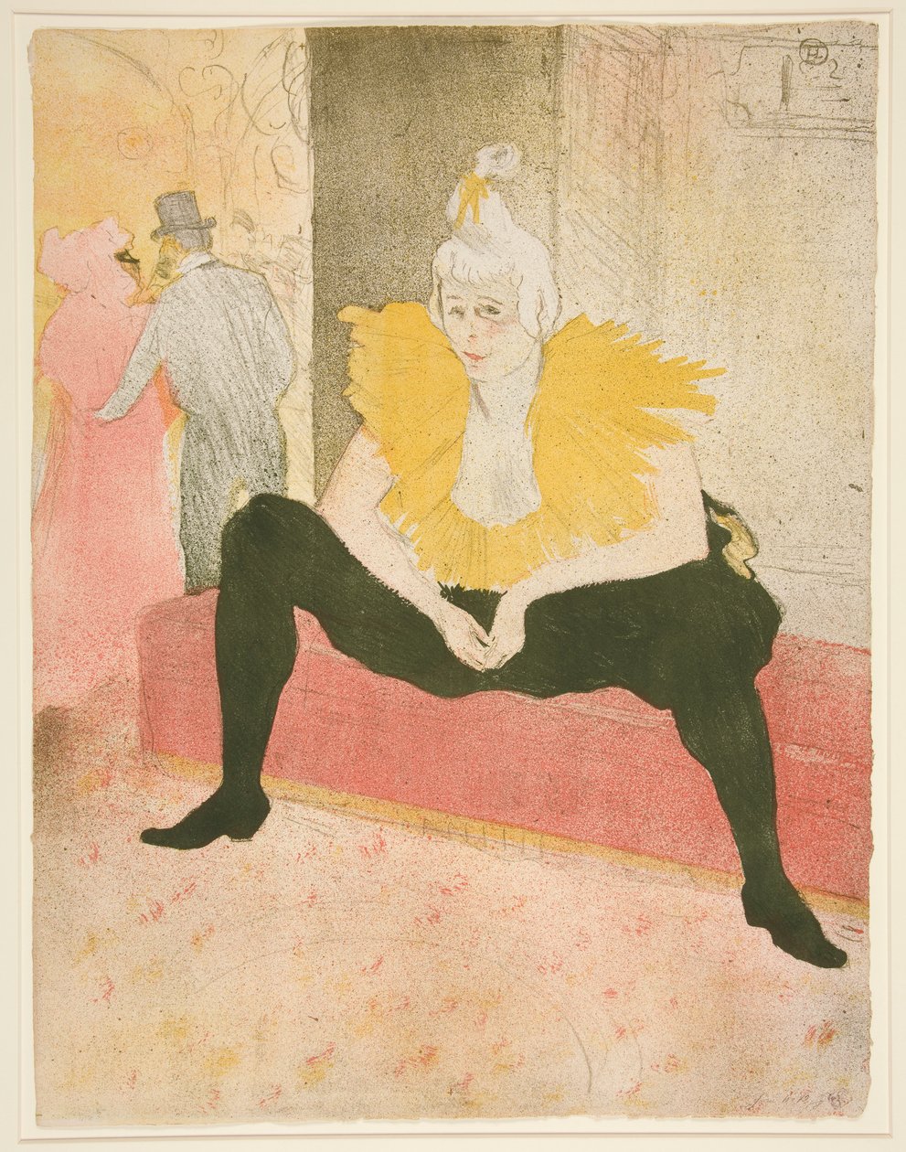 La clownesse assise, Mademoiselle Cha-u-Kao (Istuva naispelle, Mademoiselle Cha-u-Kao), sarjasta Elles tekijältä Henri de Toulouse Lautrec